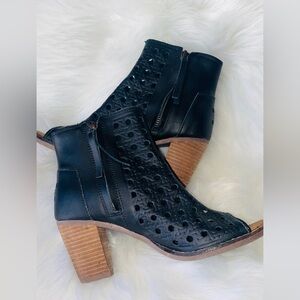 Toms Black Perforated Open-Toe Stacked Heel Ankle Booties